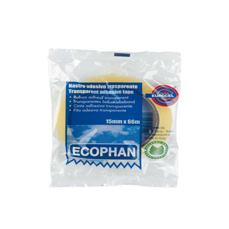 Nastro adesivo Ecophan - confezionato singolarmente - 19 mm x 66 m - acrilico - trasparente - Eurocel