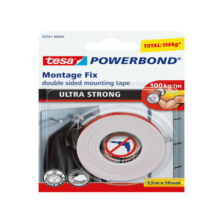 Nastro biadesivo Powerbond Ultra Strong - 19 mm x 1,5 m - acrilico - bianco - Tesa