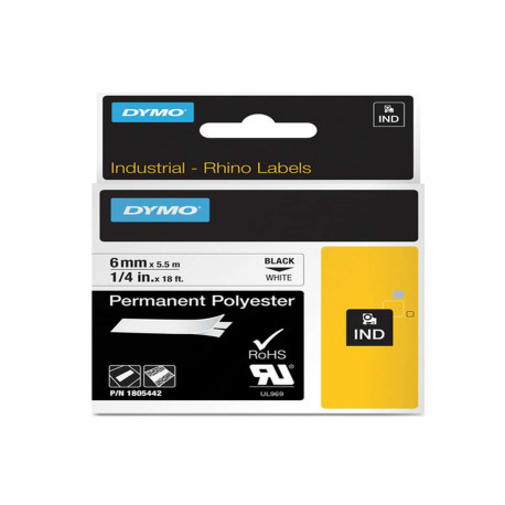 Nastro Rhino 18483 - 12 mm x 5,5 mt - poliestere - permanente - nero/bianco - Dymo