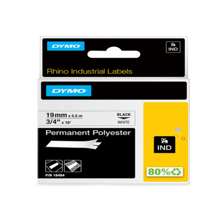 Nastro Rhino 18484 - 19 mm x 5,5 mt - poliestere permanente - nero/bianco - Dymo