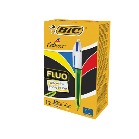 Penna a sfera a scatto multifunzione 4 Colors Fluo  - punta 1,0/1,6mm - 4 colori fluo - fusto giallo fluorescente - Bic - conf.
