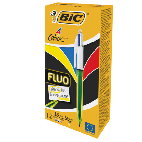 Penna a sfera scatto multifunzione 4 Colorus Fluo  - punta 1,0/1,6mm - 4 colori fluo - fusto giallo fluorescente - Bic - conf. 