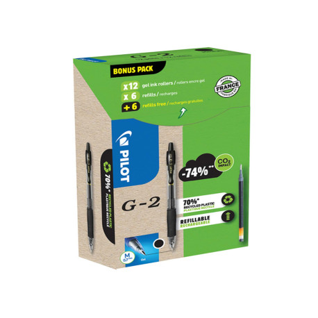 Penna roller gel scatto G-2 - punta 0,7 mm - 12 refill inclusi - nero - Pilot - conf. 12 pezzi