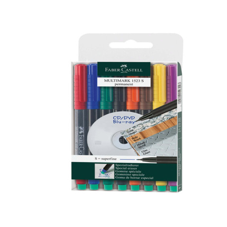 Pennarello Multimark universale permanente con gomma - punta superfine 0,4mm - astuccio 8 colori - Faber-Castell