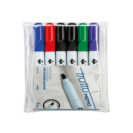 Pennarello Tratto Memo - a secco - per lavagne cancellabili - punta conica - tratto 2,5mm - astuccio 6 colori - Tratto
