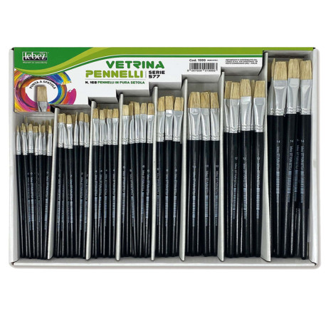 Pennello punta piatta serie 577 - punta a spatola in pura setola - Lebez - Assortimeno vetrinetta 168 pezzi