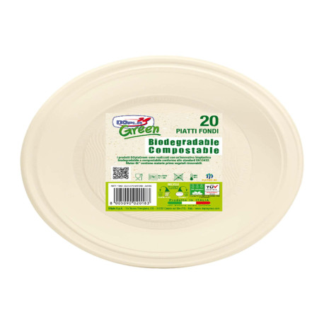 Piatto fondo monouso - rotondo - diametro 22 cm - Mater-Bi - avorio - Dopla Green - conf. 20 pezzi
