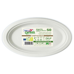 Piatto piano monouso - ovale - 26 x 19,5 cm - cellulosa - bianco - Dopla Green - conf. 50 pezzi