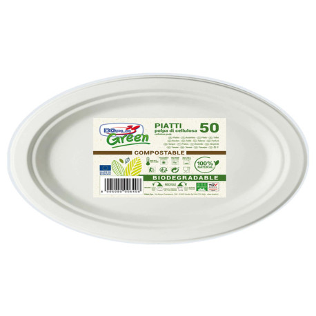 Piatto piano monouso - ovale - 26 x 19,5 cm - cellulosa - bianco - Dopla Green - conf. 50 pezzi