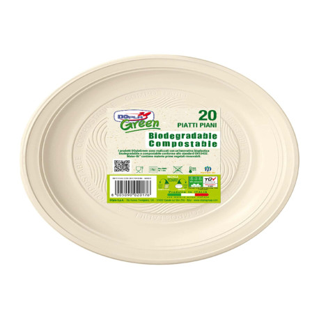 Piatto piano monouso - rotondo - diametro 22 cm - Mater-Bi - avorio - Dopla Green - conf. 20 pezzi