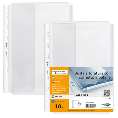 Buste forate ATLA GS P - 21 x 29,7 cm - PP - c/soffietto e patella - trasparente buccia - Sei Rota - conf. 10 pezzi