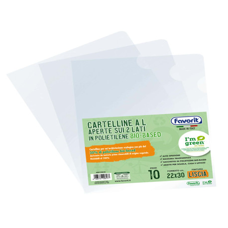 Cartellina a L BioBased - 22 x 30 cm - PE riciclato - liscio pesante - trasparente - Favorit - conf. 10 pezzi