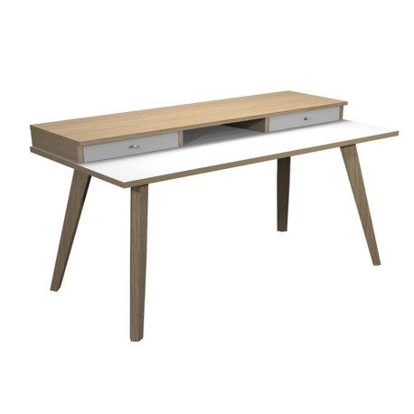 Postazione Home-Office - con sopralzo - gambe in legno -120 x 60 x H 74,4 cm - bianco / rovere