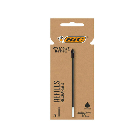 Refill sfera Cristal Re'New - punta 1 mm - nero - Bic - blister 3 pezzi