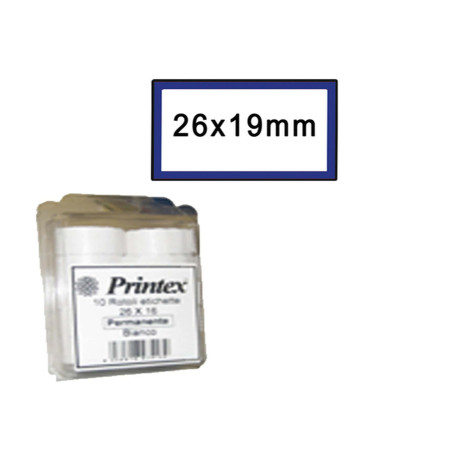 Rotolo da 600 etichette per Printex Z 17 - 26x19 mm - adesivo permanente - bianco - cornice blu - Printex - nero - pack 10 roto