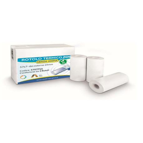 Rotolo per POS e carta di credito - 57 mm x 7 m - 55 gr - diametro esterno 25 mm - senza anima - carta termica BPA free - Rotol