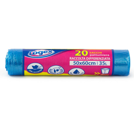Sacchi per immondizia - 50x60 cm - 35 L - 9 micron - azzurro trasparente - Logex Professional - rotolo da 20 sacchetti