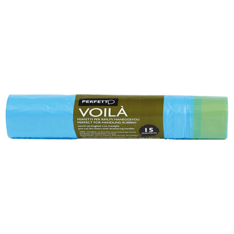 Sacchi per rifiuti con maniglie Voilà - 50x60 cm - 30 L - 15 micron - azzurro - Perfetto - rotolo da 15 sacchetti