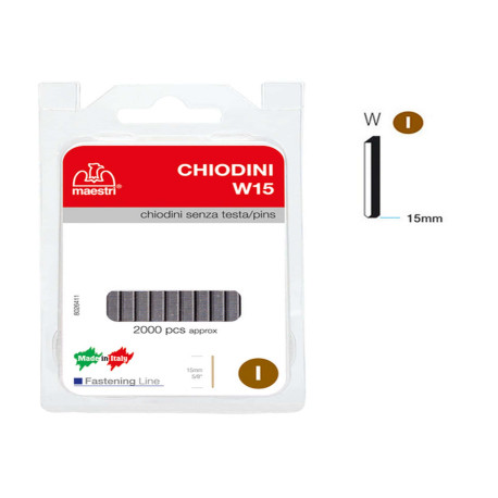 Chiodini W15 per fissatrici - senza testa - 15 mm - acciaio - Romeo Maestri - conf. 2000 pezzi