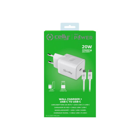 Celly ProPower Wall charger - Alimentatore - 20 Watt - PD (USB-C) - sul cavo: USB-C - bianco - Europa