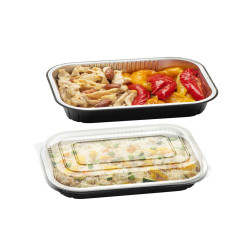 Contenitore alluminio stirato - c/ coperchio R-PET - 2 porzioni - 22 x 15 x 4,4 cm - Cuki Professional - conf. 25 pezzi
