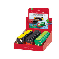 Temperamatite Animals con contenitore - 2 fori - con serbatoio e gomma assortiti - Faber-Castell