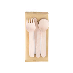 Tris posate monouso - con tovagliolo - 16 cm - legno - Signor Bio - conf. 100 pezzi