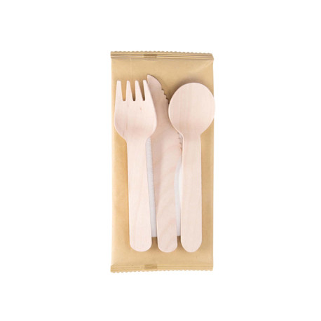 Tris posate monouso - con tovagliolo - 16 cm - legno - Signor Bio - conf. 100 pezzi