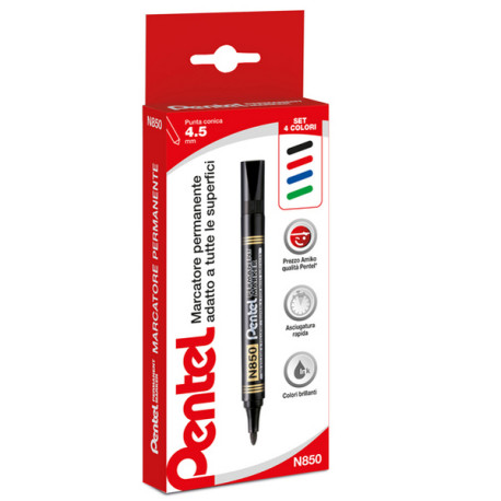 Marcatore permanente N850 - punta tonda - astuccio 4 colori assortiti - linea Amiko - Pentel