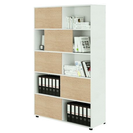 Libreria alta Tetris a 5 ripiani ante scorrevoli - 120x35 x191 cm - bianco/rovere