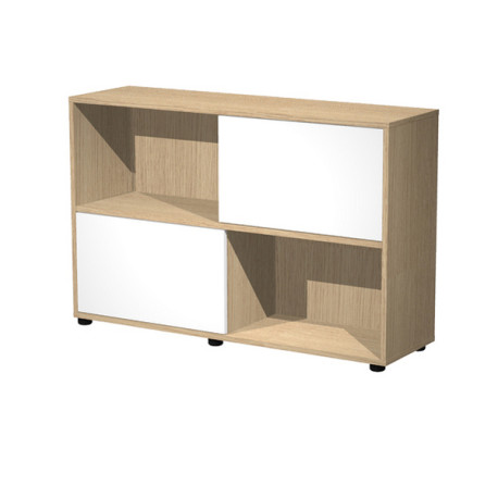 Libreria bassa Tetris a 2 ripiani ante scorrevoli - 120x35x79 cm - bianco/rovere