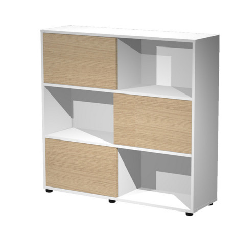 Libreria bassa Tetris a 3 ripiani ante scorrevoli - 120x35x116 cm - rovere/bianco