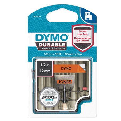 Nastro D1 Durable 1978367 - 12 mm x 3 mt - vinile - nero/arancio - Dymo