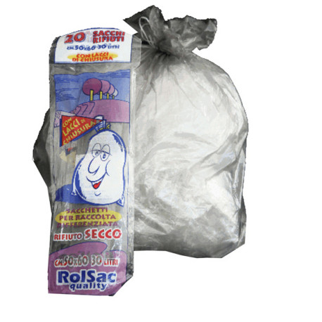 Sacchi - 50 x 60 cm - 30 L - 16 micron - MDPE/HDPE - trasparente neutro - Rolsac - conf. 20 pezzi