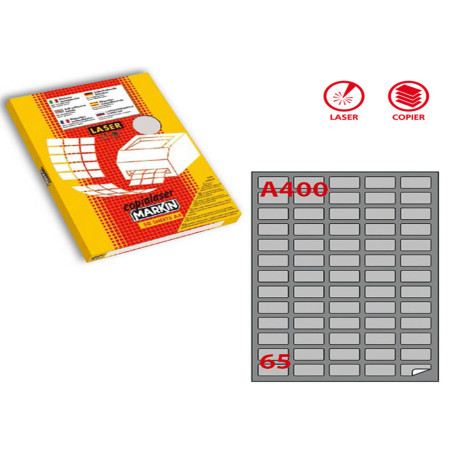 Etichette adesive A/400 - in carta - permanenti - 38,1 x 21,2 mm - 65 et/fg - 100 fogli - argento - angoli tondi - x laser - Ma