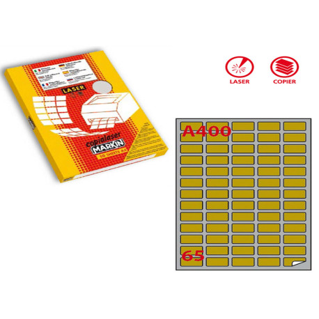 Etichette adesive A/400 - in carta - permanenti - 38,1 x 21,2 mm - 65 et/fg - 100 fogli - oro - angoli tondi - x laser - Markin