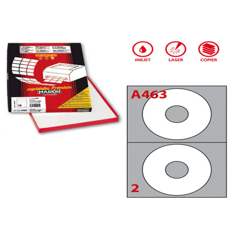 Etichette adesive A/463 - in carta - permanenti - diametro CD 117,5 mm - foro 41 mm - 2 et/fg - 100 fogli - bianco - Markin