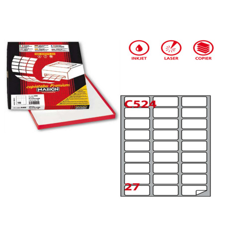 Etichette adesive C/524 - in carta - permanenti - 56 x 28 mm - 27 et/fg - 100 fogli - bianco - angoli tondi - Markin