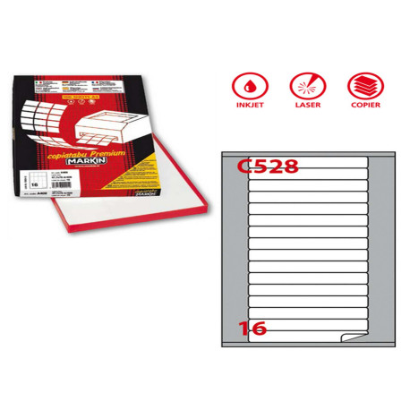 Etichette adesive C/528 - in carta - permanenti - 145 x 17 mm - 16 et/fg - 100 fogli - bianco - angoli tondi - Markin