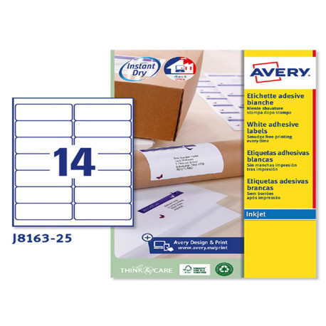 Etichette adesive J8163 - in carta - angoli arrotondati - inkjet - permanenti - 99,1 x 38,1 mm - 14 et/fg - 25 fogli - bianco -