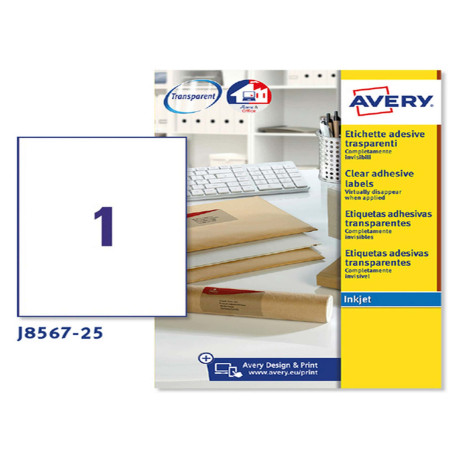 Etichette adesive J8567 - in poliestere - inkjet - permanenti - 210 x 297 mm - 1 et/fg - 25 fogli - trasparente - Avery
