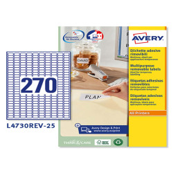 Etichette adesive L4730REV - in carta - angoli arrotondati - rimovibili - 17,8 x 10 mm - 270 et/fg - 25 fogli - bianco - Avery