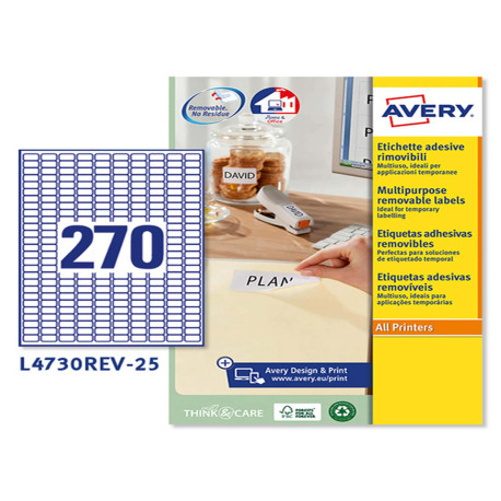 Etichette adesive L4730REV - in carta - angoli arrotondati - rimovibili - 17,8 x 10 mm - 270 et/fg - 25 fogli - bianco - Avery