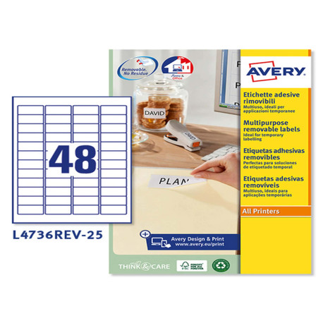 Etichette adesive L4736REV - in carta - angoli arrotondati - rimovibili - 45,7 x 21,2 mm - 48 et/fg - 25 fogli - bianco - Avery