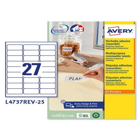 Etichette adesive L4737REV - in carta - angoli arrotondati - rimovibili - 63,5 x 29,6 mm - 27 et/fg - 25 fogli - bianco - Avery