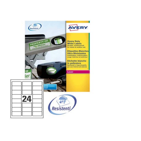 Etichette adesive L4773 - in poliestere - laser - permanenti - 63,5 x 33,9 mm - 24 et/fg - 20 fogli - bianco - Avery