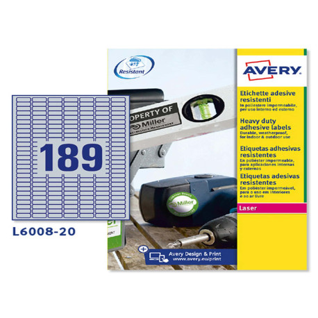 Etichette adesive L6008 - in poliestere - laser - permanenti - 24,5 x 10 mm - 189 et/fg - 20 fogli - argento - Avery