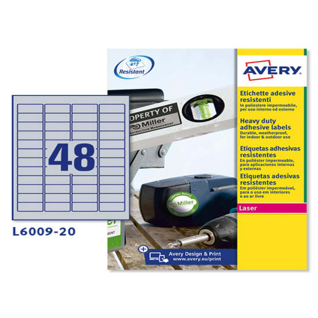 Etichette adesive L6009 - in poliestere - laser - permanenti - 45,7 x 21,2 mm - 48 et/fg - 20 fogli - argento - Avery