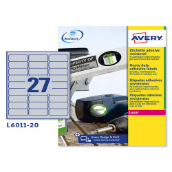 Etichette adesive L6011 - in poliestere - laser - permanenti - 63,5 x 29,6 mm - 27 et/fg - 20 fogli - argento - Avery