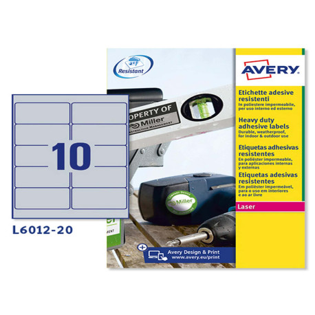 Etichette adesive L6012 - in poliestere - laser - permanenti - 96 x 50,8 mm - 10 et/fg - 20 fogli - argento - Avery